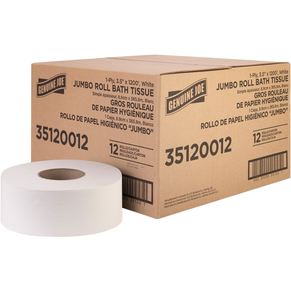 GENUINE JOE 35120012  1-ply Jumbo Roll Bath Tissue - 1 Ply - 3.63in x 1200 ft - 8.88in Roll Diameter - White - Fiber - 12 / Carton