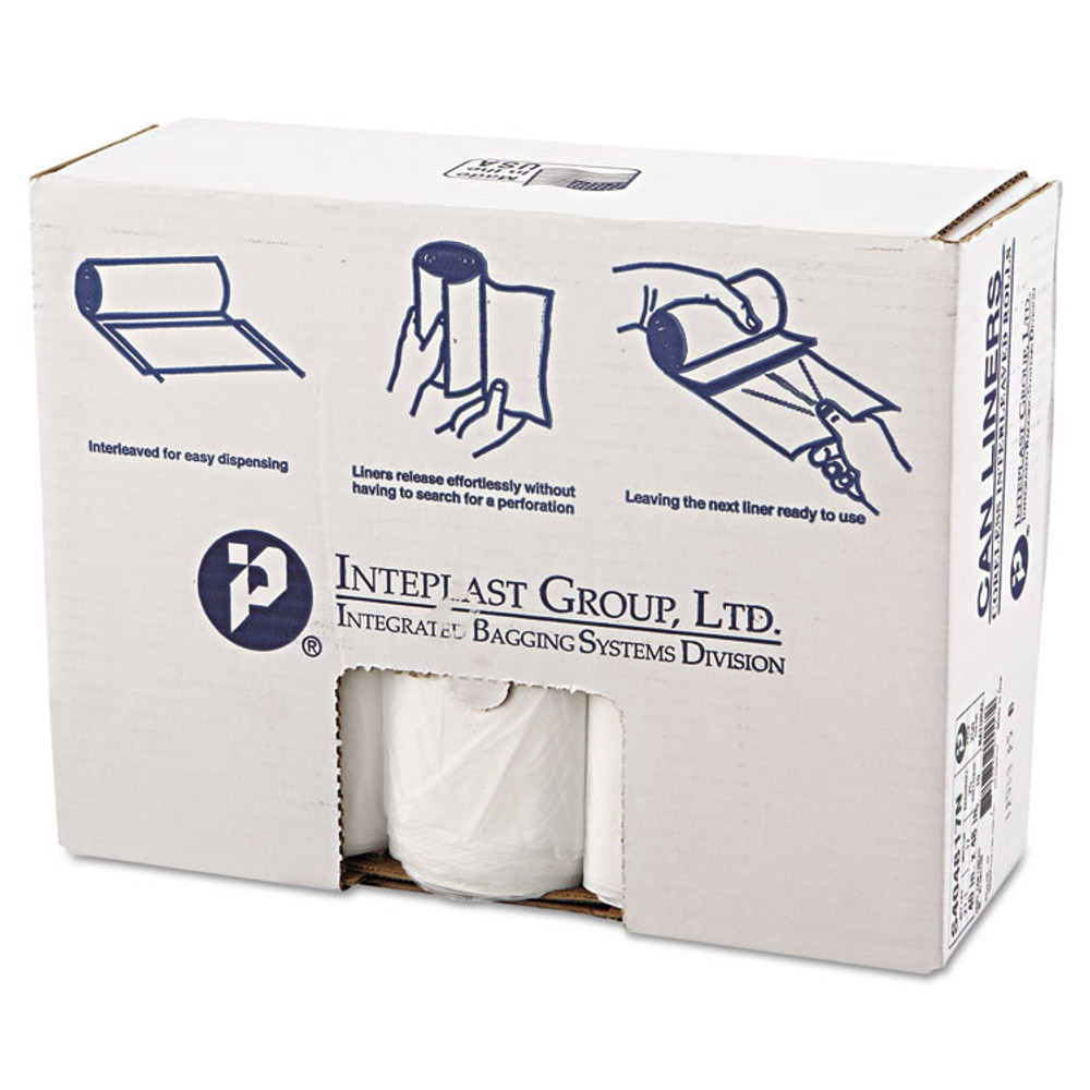 INTEGRATED BAGGING SYSTEMS Inteplast Group S404817N High-Density Commercial Can Liners, 45 gal, 17 mic, 40" x 48", Clear, Interleaved Roll, 25 Bags/Roll, 10 Rolls/Carton