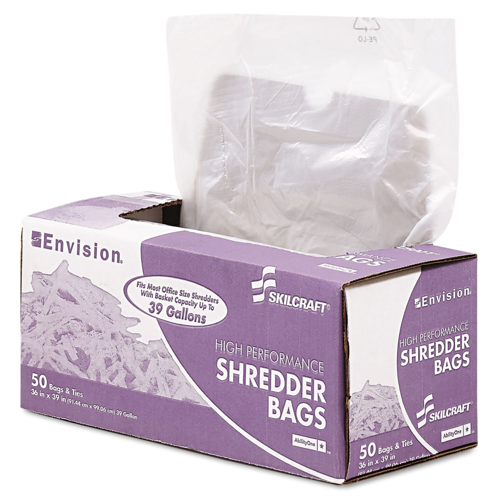 High-performance shredder bags are an ideal choice for personal shredders and office/home trash receptacles. Linear, low-density bags ensure proper disposal of shredded documents and sensitive information. Each 0.65 mil shredder bag offers medium-duty strength, a 10 gallon capacity and includes ties.  Linear, low-density bags ensure proper disposal of shredded documents  Ideal for personal and office shredders and trash receptacles  Medium-duty strength; includes ties  Capacity: 10 gal; 100 / Box  Overall dimensions: 24inW x 26inH
