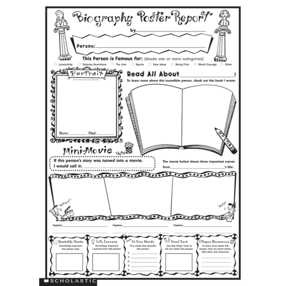 Doing biography reports are easy and fun with this class set of fill-in posters that invite kids to research, write and draw about any person, past or present. The easy prompt-based format guides kids through the research process and help guarantee report success for all learners.  Great for oral presentations and bulletin board displays.  A wonderful way to meet the language arts standards.