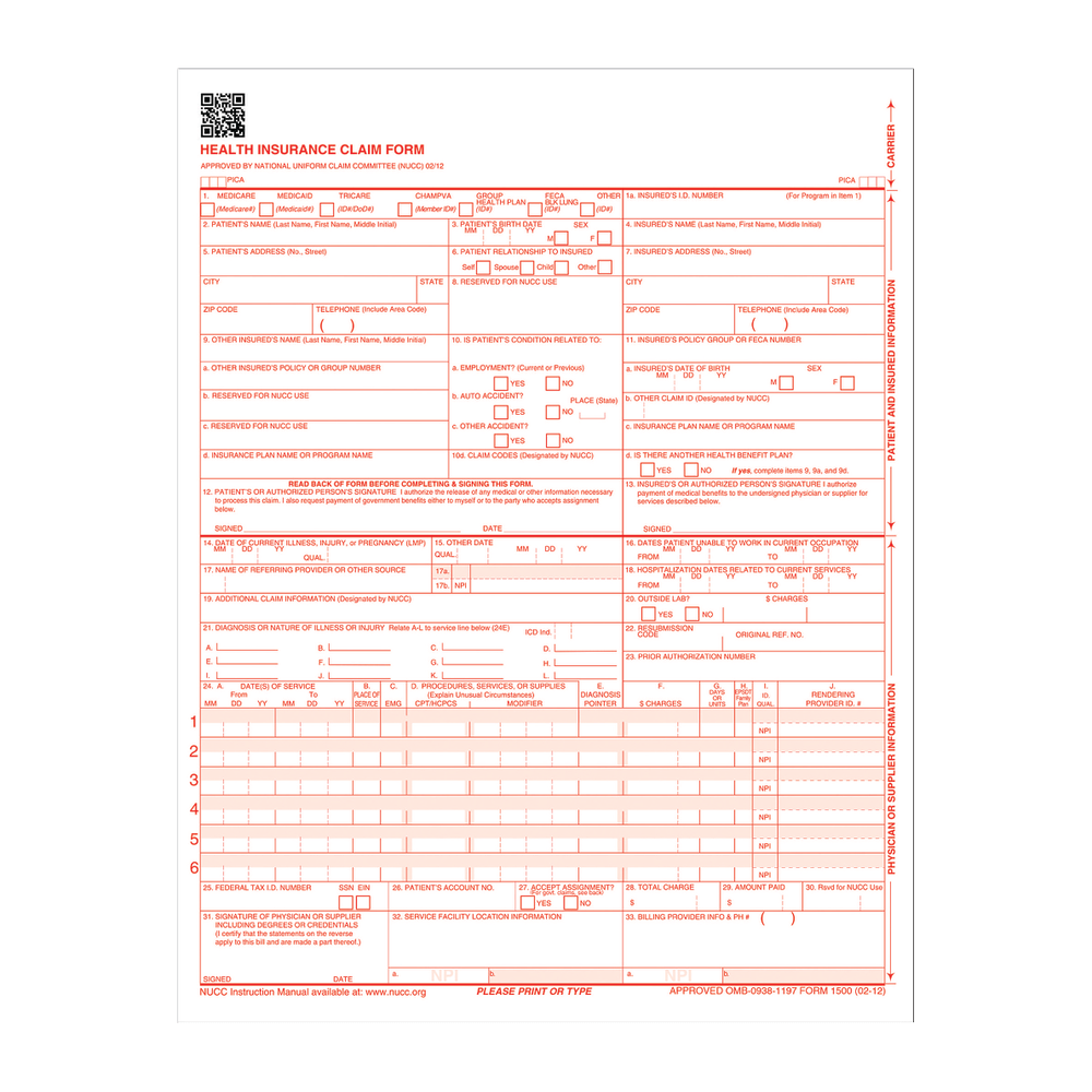 CARDINAL BRANDS, INC Adams CMS1500L2V  Health Insurance Claim Forms, 8 1/2in x 11in, White, Pack Of 250