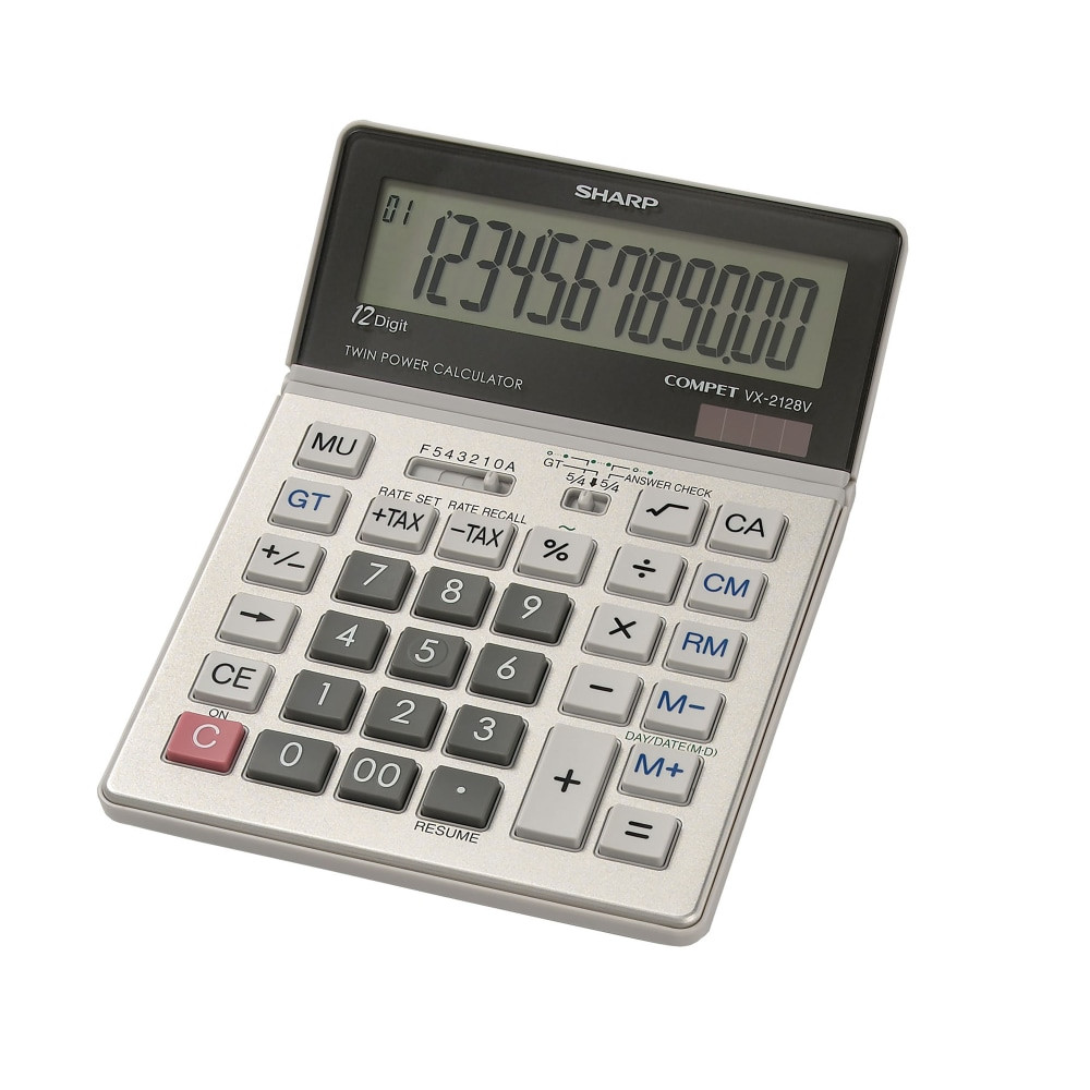 Handy desktop calculations  Portable calculator features 12-digit display. Includes features such as answer check, date calculations, auto tax and 4-key memory.  Calculator is solar/battery powered.