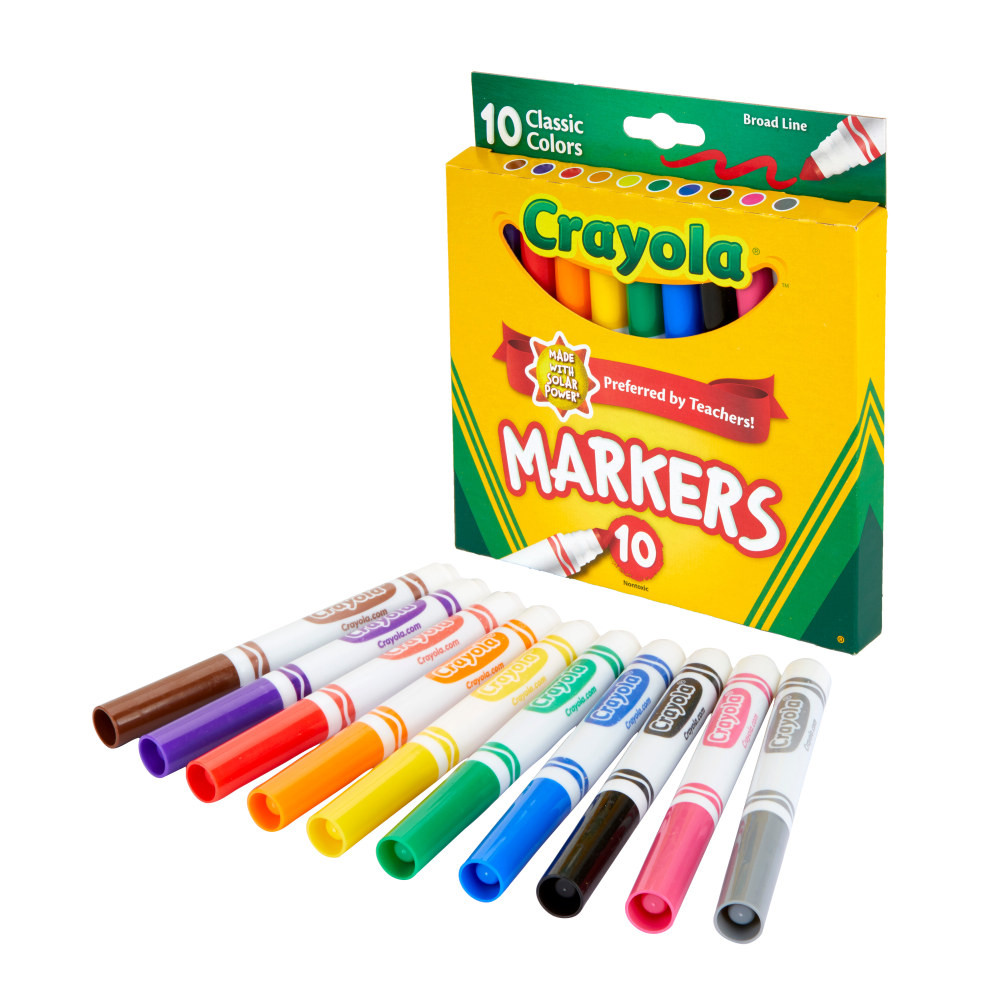 From school projects to personal creations, kids can let their imaginations run wild with this set of Crayola markers. These assorted-colors,  broad-line markers are super bright for vibrant results.  WonT bleed through most papers.  Conical tip for broad strokes and medium lines.  Conforms to ASTM D-4236.  Eco-conscious choice - has one or more meaningful eco-attributes or eco-labels.  ACMI Certified AP Nontoxic. For detailed information see www.acmiart.org.  Less harsh chemicals - made with fewer harsh chemicals, or safer chemicals than typical alternatives, helping  reduce your use of and exposure to substances that may be more harmful to your health and the environment.