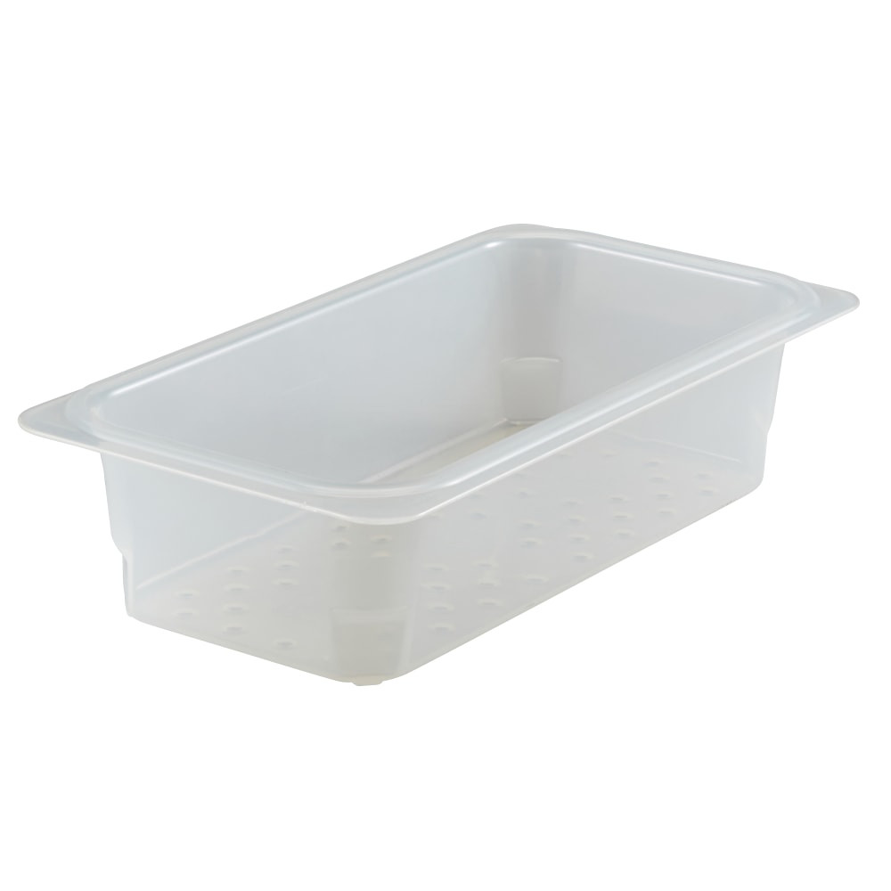 Seamlessly rinse, drain and store food with the Cambro Translucent GN 1/3 3in Colander Pan. Designed to let excess liquid escape with ease, this colander pan works well for prepped produce, iced seafood, defrosting meats and other restaurant staples.  Durable plastic construction withstands temperatures from -40 deg. to 160 deg..  Fits inside your compatible Cambro food pan for easy drainage.  Compatible with the Cambro Translucent Cover with Handle and Notched Cover with Handle (sold separately).  Dishwasher safe for quick and easy cleaning.  NSF listed.  Includes 6 colanders.