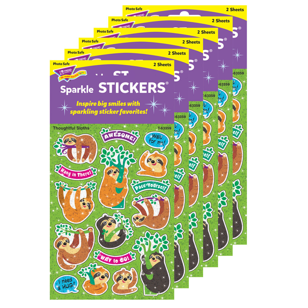 EDUCATORS RESOURCE Trend T-63359-6  Thoughtful Sloths Sparkle Stickers, Assorted Colors, 32 Stickers Per Pack, Set Of 6 Packs