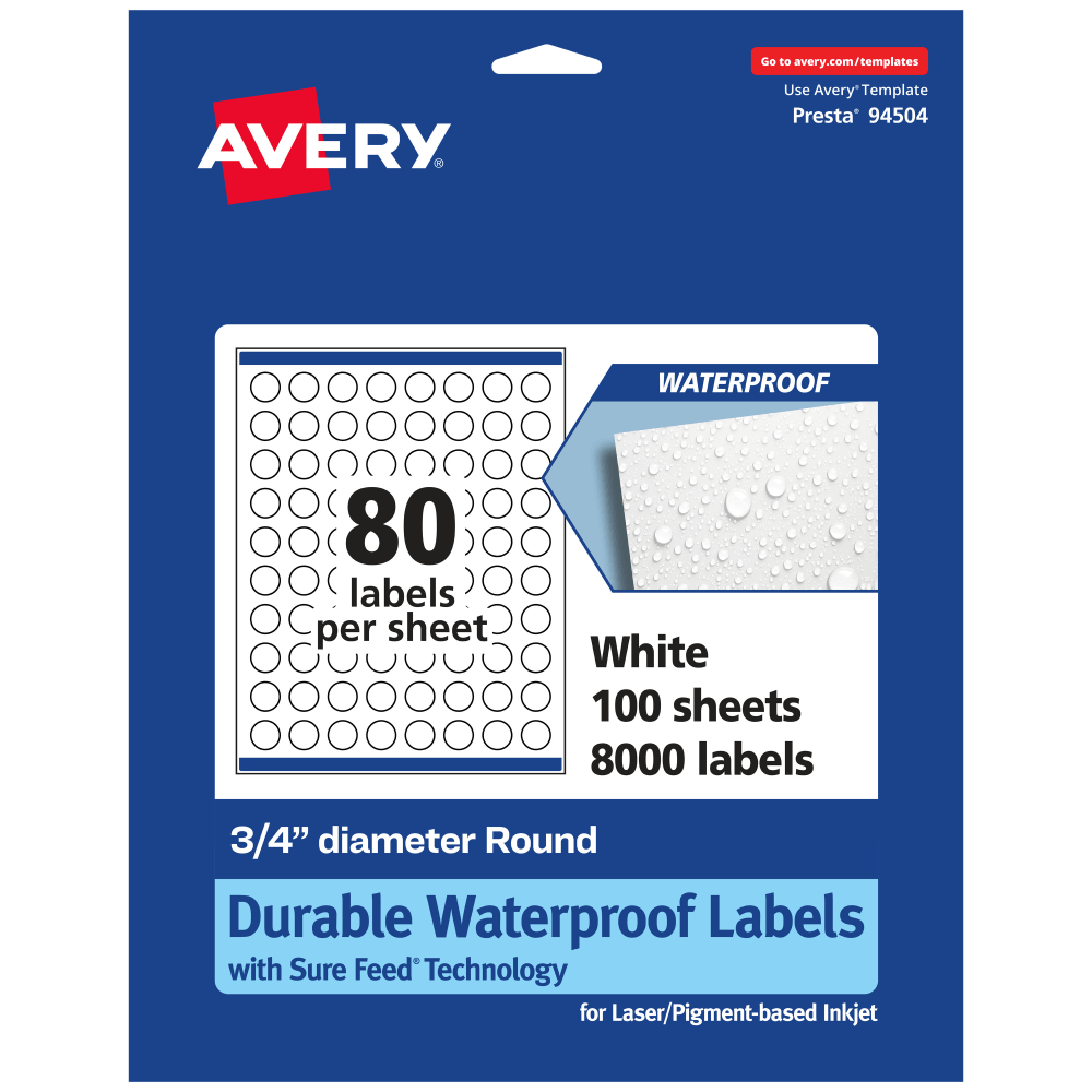AVERY PRODUCTS CORPORATION 94504-WMF100 Avery Waterproof Permanent Labels With Sure Feed, 94504-WMF100, Round, 3/4in Diameter, White, Pack Of 8,000