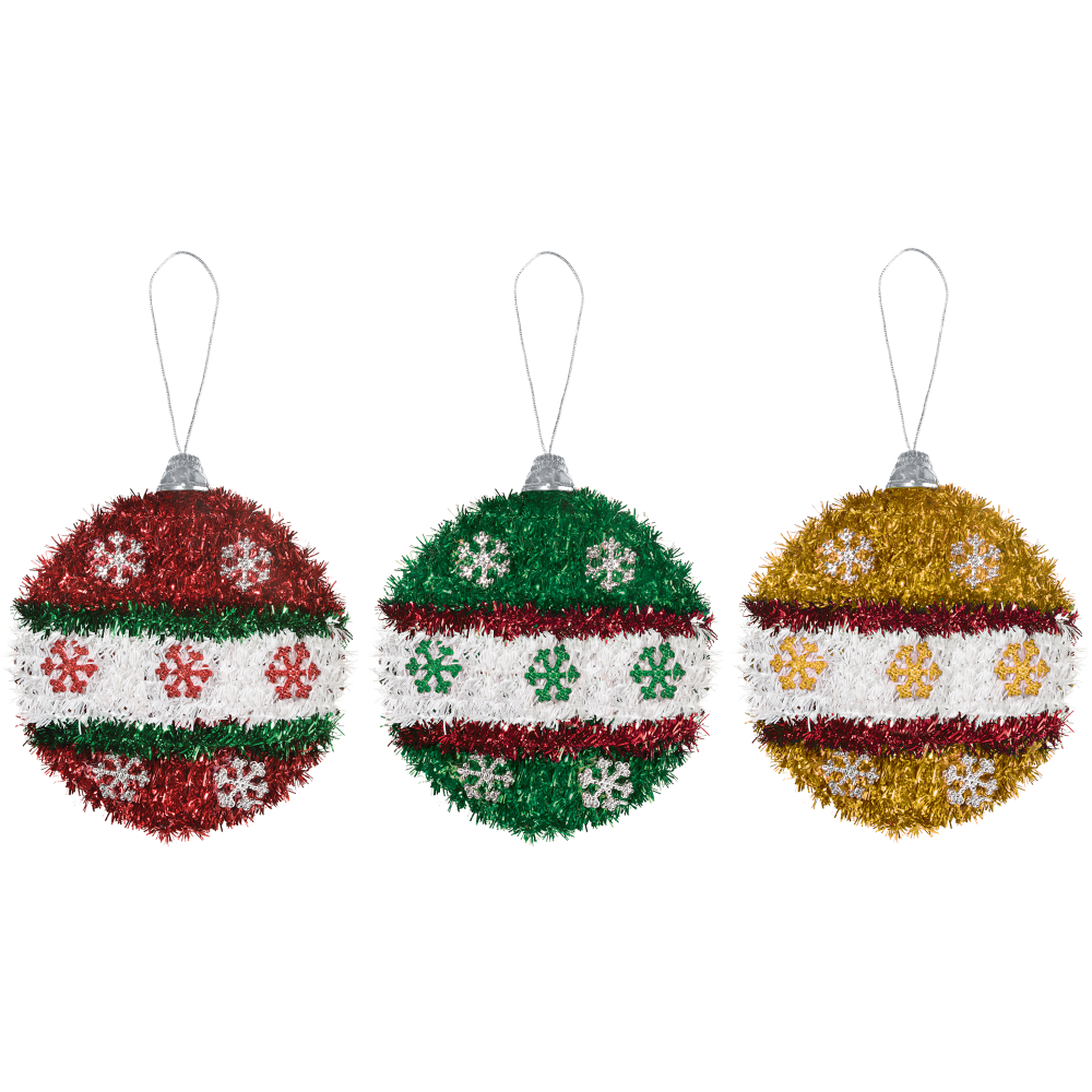 AMSCAN 244239  Christmas Small Tinsel 3D Ornament Assortment, 5-1/4inH x 4-3/4inW x 1-7/16inD, Multicolor, Pack Of 6 Ornaments