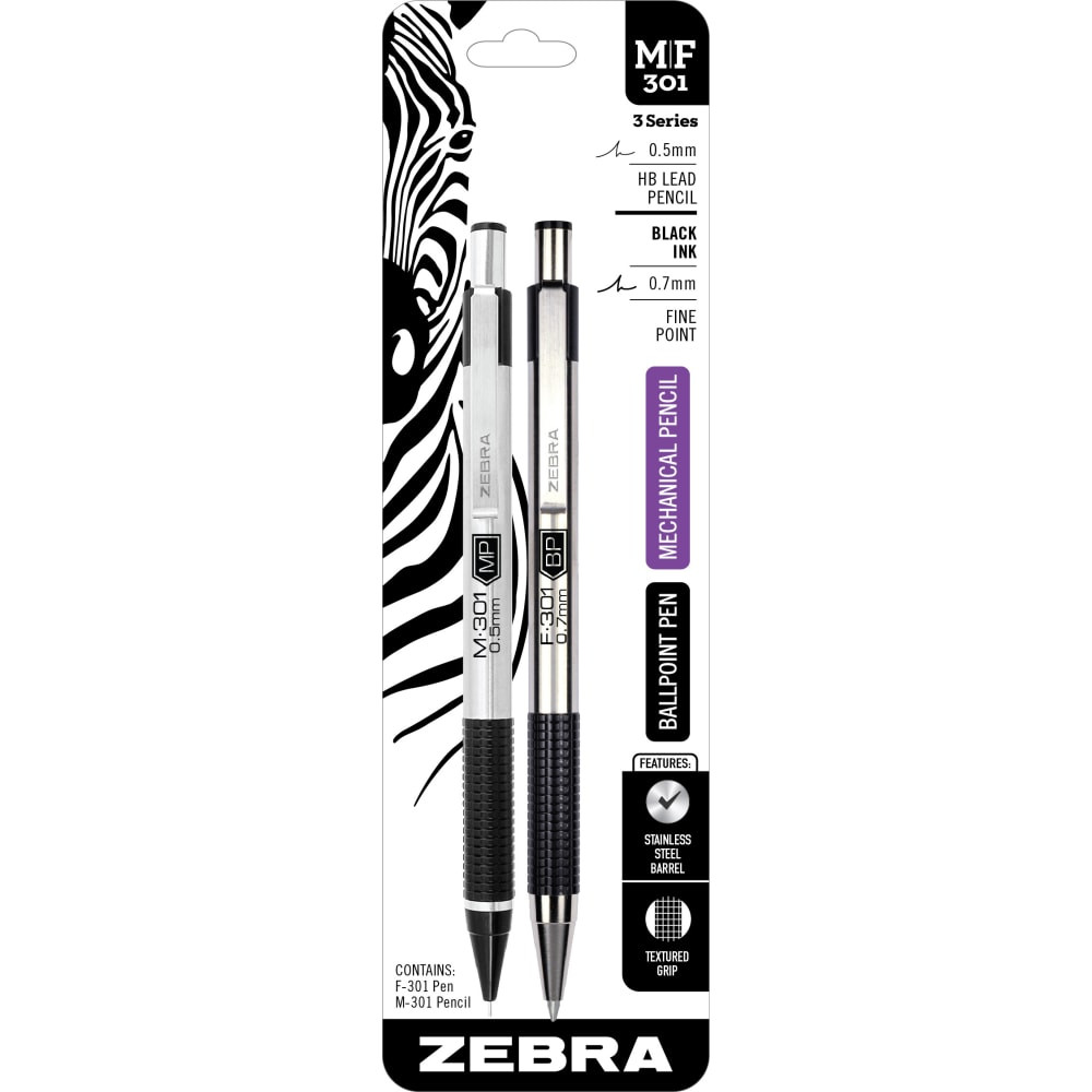 ZEBRA PEN CORP 57011 Zebra M/F301 Ballpoint Pen And Pencil Set, Fine Point, 0.5 mm, Black Barrel