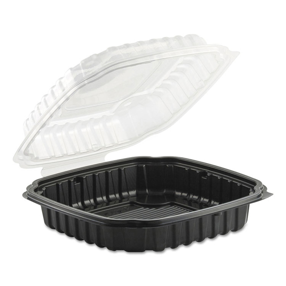 ANCHOR PACKAGING 4669111 Culinary Basics Microwavable Container, 46.5 oz, 10.5 x 9.5 x 2.5, Clear/Black, Plastic, 100/Carton