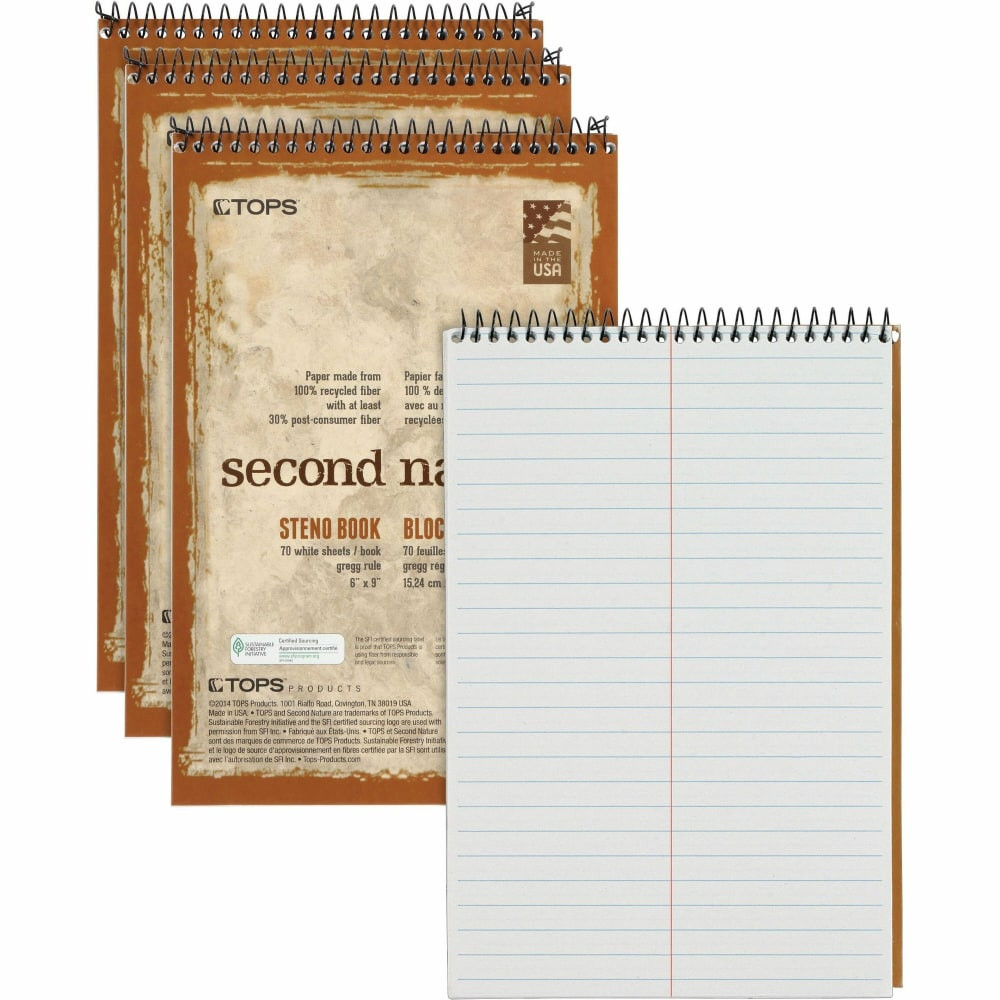 QUALITY PARK PRODUCTS 74690 TOPS Second Nature Spiral Steno Notebook - 70 Sheets - Spiral - 0.34in Ruled - 15 lb Basis Weight - 6in x 9in - 1in x 6in9in - White Paper - Blue, Gray, Brown Cover - Acid-free - Recycled - 4 / Pack