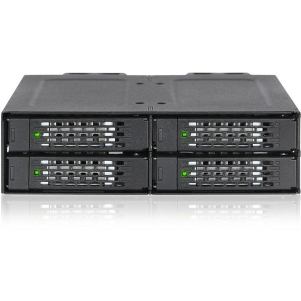 Fits any external 5.25in drive bay  Requires only 2 x 15pin power connectors to power all 4 bays  Supports NVMe 32Gb/s transfer rate  Perfect for rugged applications and complies to flammability requirements  Drive label plugs to keep track of your RAID drives  Fits 4 x 2.5in U.2 NVMe SSD  Anti-Vibration Technology (AVT) - creates a safe environment for hard drives or SSDs  (NVMe U.2 host is required to accept NVMe SSD)  Dual 40mm fans keep your drives from overheating  Rugged Heavy duty full metal construction with commercially designed for Medical & Military systems, Media servers, and IPCs, approved & used by Tier 1 companies