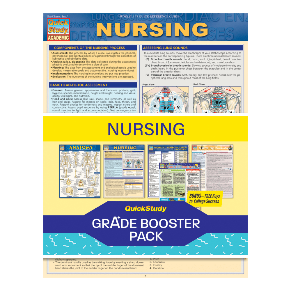 Brush up on the topics you are currently studying using this QuickStudy Grade Booster Pack. The straightforward format and color-coded sections help you learn and retain information well.  Reference materials help make learning simple.  Helps you learn important nursing concepts.  Includes a Keys to College Success bonus guide.