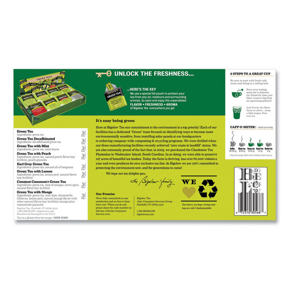 KEURIG DR PEPPER Bigelow® 30568 Green Tea Assortment, Individually Wrapped, Eight Flavors, 64 Tea Bags/Box