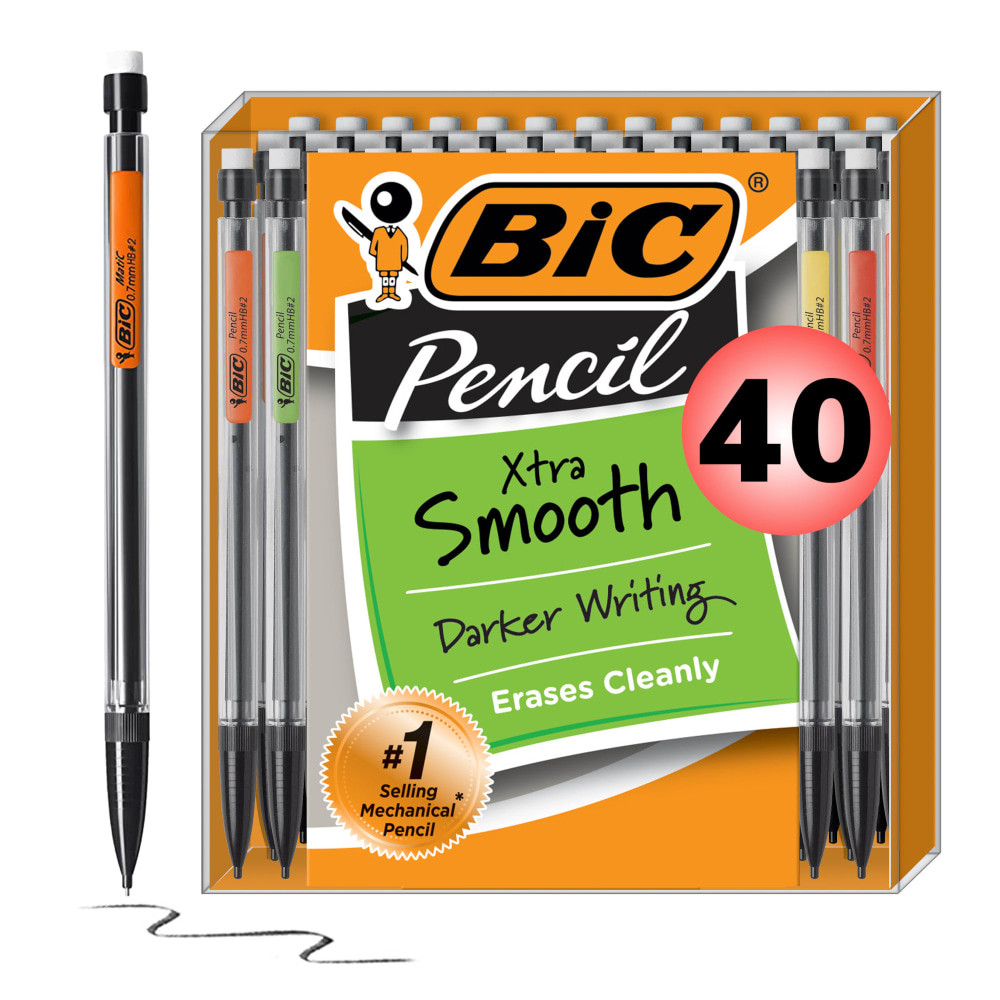 BIC CORP BIC MPP40MJ-BLK  Xtra Life Mechanical Pencils, 0.7 mm, #2 Lead, Clear Barrel, Pack Of 40 Pencils