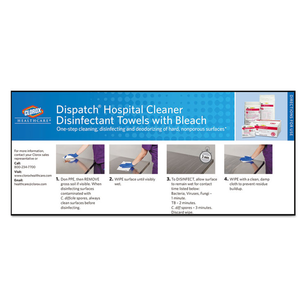 CLOROX SALES CO. Healthcare® 69150 Dispatch Cleaner Disinfectant Towels, 1-Ply, 6.75 x 8, Unscented, White, 150/Canister, 8 Canisters/Carton
