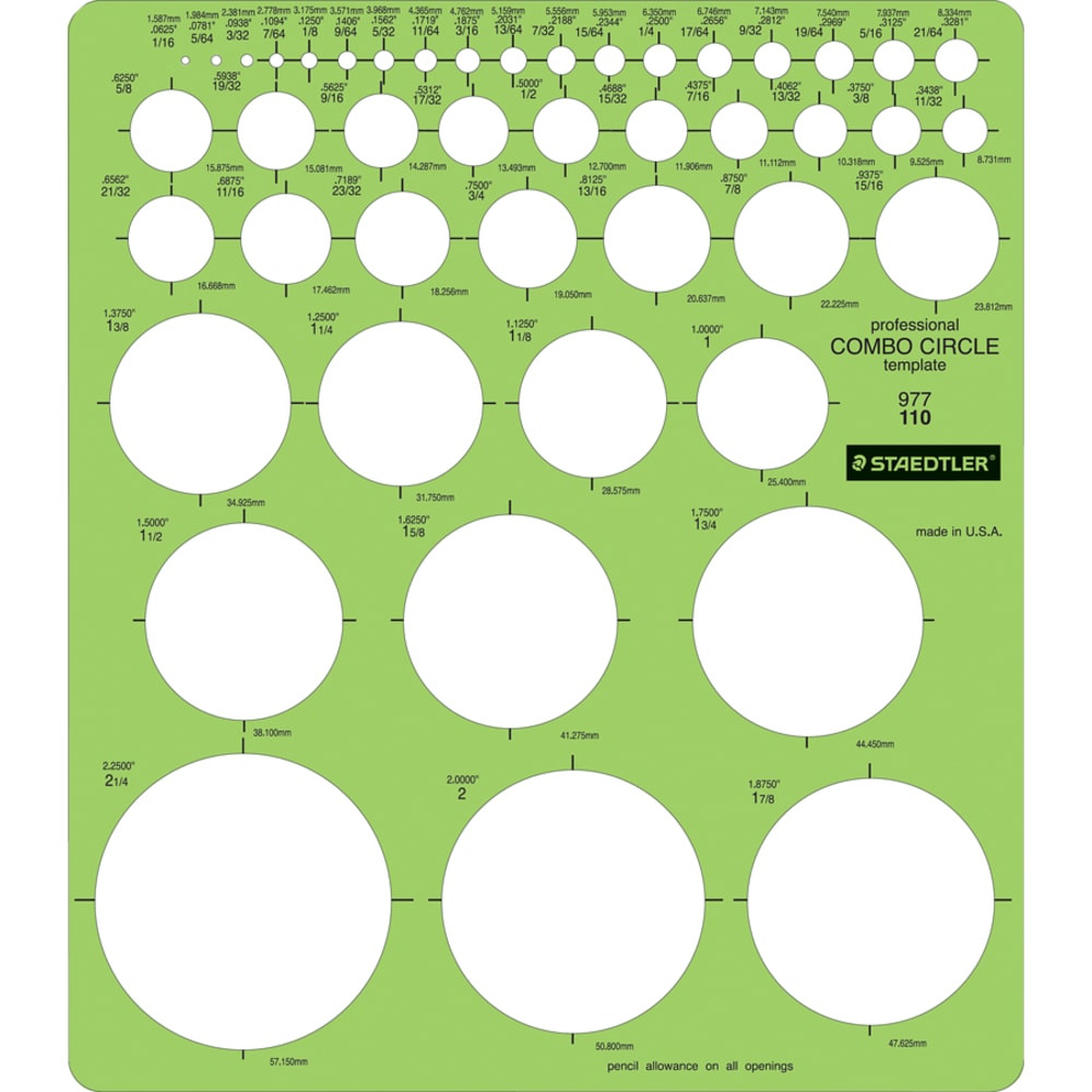 Made from shatter-resistant plastic for a quality work tool  Made from dimensionally stable, .75mm translucent-green shatter-resistant plastic .  Matte finish on one side to reduce glare .  Cut-out identification and ruler scales are printed in easy to read black ink .  Centering lines are printed around the cutouts (where applicable) .  Designed for use with a 0.5mm pencil lead .