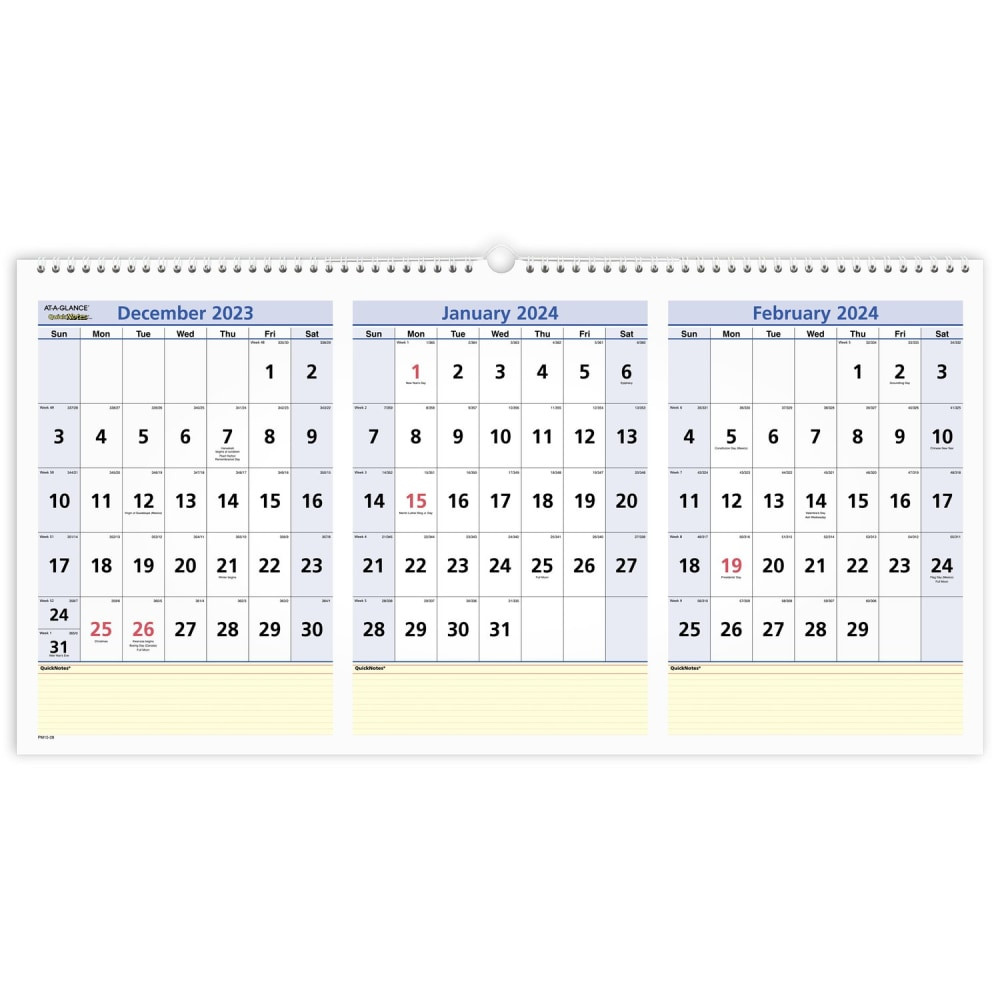 ACCO BRANDS USA, LLC AT-A-GLANCE PM152824 2023-2025 AT-A-GLANCE QuickNotes 3-Month Horizontal 15-Month Wall Calendar, 24in x 12in, December 2023 to February 2025, PM1528