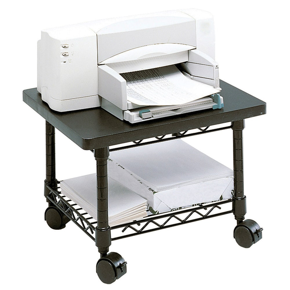 Placing your printer in the next room because your office is short on space can slow you down. Stow your printer underneath your desk on this space-saving Safco printer stand, and roll it into a nearby office for easy portability.  Under-desk printer and fax stand measures 13 -1/2inH for convenient placement.  Under-desk printer stand features a sturdy steel frame and a 19inW x 16inD laminate top that provides ample space for most printers or fax machines.  15 1/2inW x 14inD wire shelf is ideal for storing extra paper, ink, toner and other supplies on this under-desk cart.  Under-desk printer cart offers 4 swivel casters (2 locking) for easy mobility.  Easy "tool free" assembly required.  Printer and fax stand comes in black.