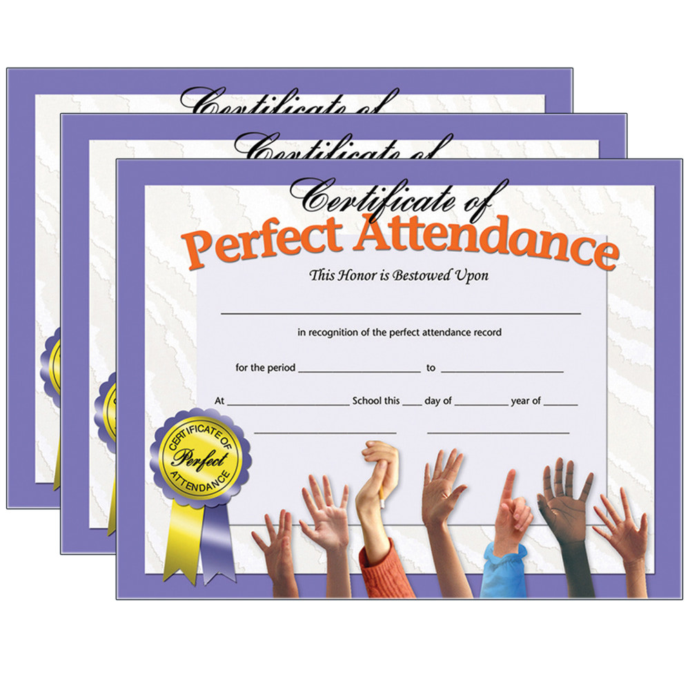 EDUCATORS RESOURCE H-VA613-3 Hayes Certificates, 8-1/2in x 11in, Perfect Attendance, Hands, 30 Certificates Per Pack, Set Of 3 Packs