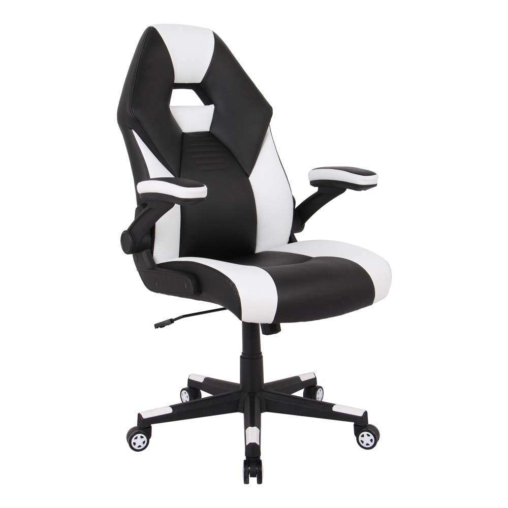 Designed for casual or serious gaming, the RGX High-Back Gaming Chair provides the ease and flexibility you require for any scenario. Contoured seat padding adds overall comfort & support, and the video game chair features padded arms that flip up and out of the way to allow for a wide variety of tasks.  Seat height and tilt adjustments offer optimal positioning.  Padded flip-up arms help accommodate any task.  Contoured padding for extra comfort & support.  Waterfall seat design helps reduce leg stress.  Lumbar support for improved posture.  Durable casters with a distinctive design.  The same comfort and resilience is also great for office, school and special project work.  Weight capacity tested to support 275 lb.  Faux leather chair is comprised of polyurethane and PVC.  ANSI/BIFMA Compliant - This product has been tested and verified for compliance with rigorous performance requirements and safety standards related to specific furniture products.  Faux Leather is a synthetic material. See specs for details.