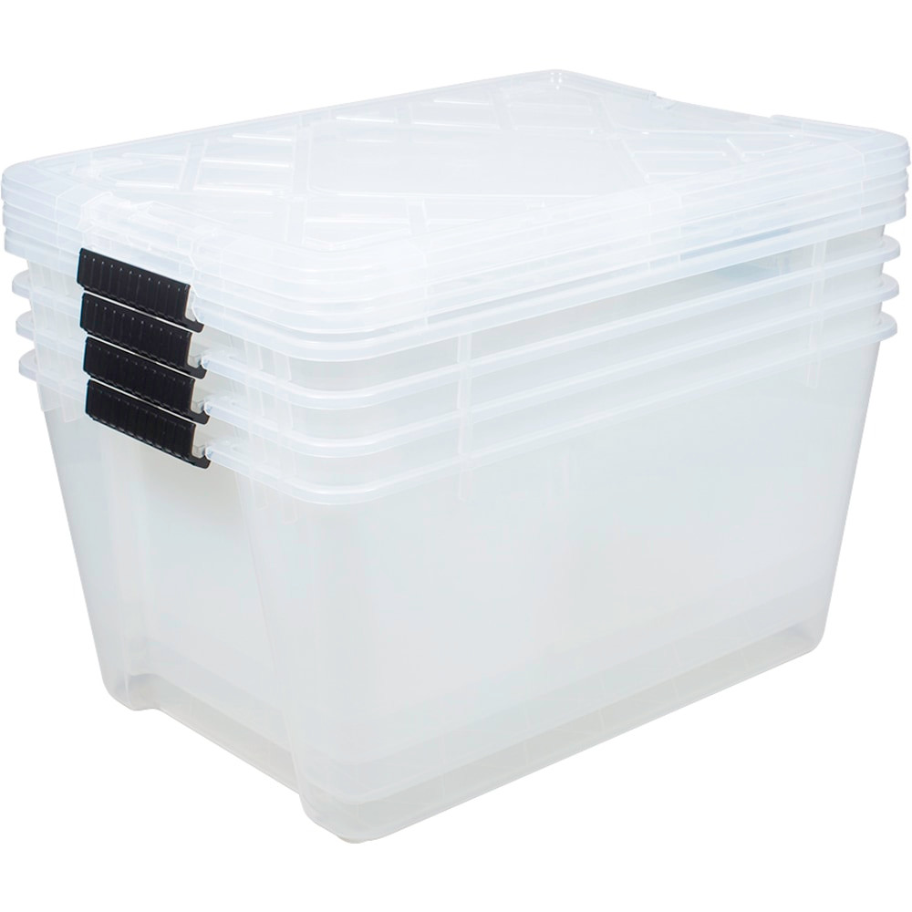 Keep your items stored safely inside these durable containers. The commercial-grade construction is designed to last for years, and the double-locking system features a dependable lid that helps keep the elements out.  Commercial-grade polypropylene construction for durability.  Double-locking system with a latch lid to secure shut.  45-qt capacity lets you store plenty of items.  Stackable to save space.  Clear sides allow easy view of the contents.  Pack of 4 storage containers.