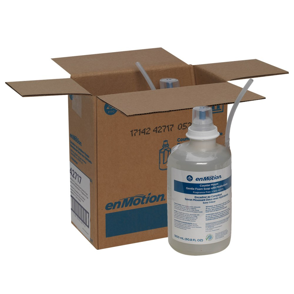 enMotion Counter Mount Soap Dispenser Refills have a rich foaming lather to leave skin feeling fresh and are gentle enough for daily use. The closed hygienic refill bottles install in seconds. Designed for use with enMotion Automated Touchless Counter Mount Soap Dispenser (52065), these foaming hand soap refills are PH balanced and dermatologist tested for a premium experience. Choose the Dye- and Fragrance-Free formula shown here, which is Safer Choice recognized* for safer chemistry, or Tranquil Aloe soap fragrance (42718).  Rich, foaming formula is dye- and fragrance-free & moisturizes as it cleans.  Hygienic foaming hand soap refills are sealed to help reduce risk of cross contamination.  Green Seal certified-this product meets Green Seal Standard GS-41A based on effective performance and protective limits on VOCs and human & environmental toxicity. GreenSeal.org.  Helps reduce waste-100% recyclable where facilities exist refills dispense 99% of their contents.  Compatible with enMotion Automated Touchless Counter Mount Soap Dispenser 52065.  Can help earn LEED credits.  Easy to maintain with high capacity foam soap refills that reduce run out and are designed for easy, one-hand loading  Contains no added dyes or fragrances for use by those with increased sensitivities.  Eco-conscious choice - has one or more meaningful eco-attributes or eco-labels.  Contains Recycled Content - See Specs for Details.