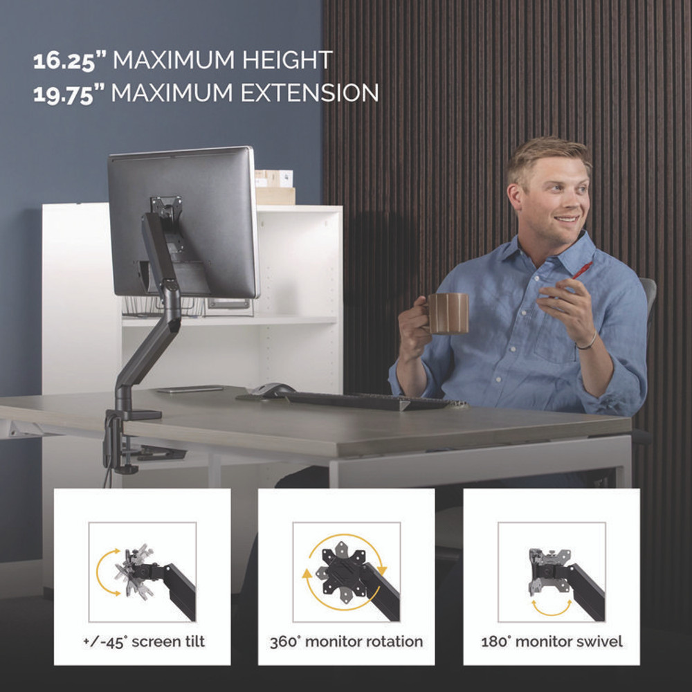 FELLOWES MFG. CO. 8043301 Platinum Series Single Monitor Arm, For 40" Monitors, 360 deg Rotation, 45 deg Tilt, 180 deg Pan, Black, Supports 17.6 lb