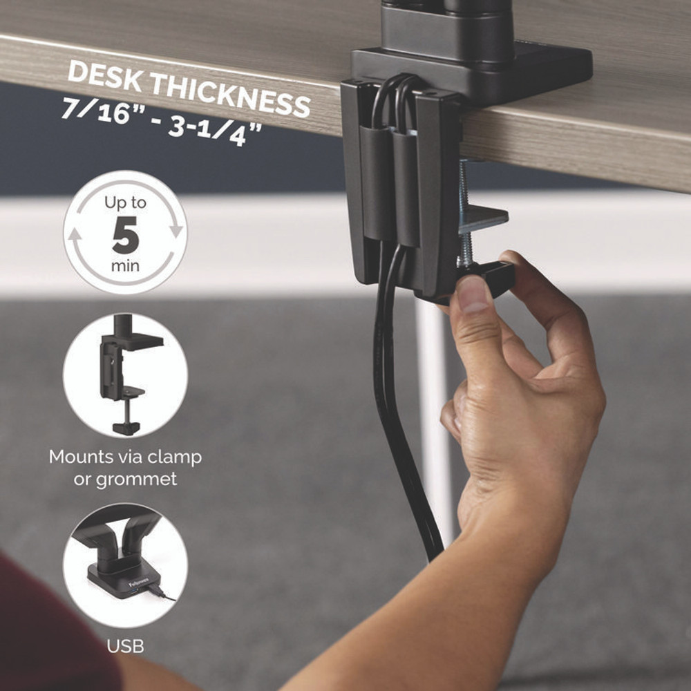 FELLOWES MFG. CO. 8043301 Platinum Series Single Monitor Arm, For 40" Monitors, 360 deg Rotation, 45 deg Tilt, 180 deg Pan, Black, Supports 17.6 lb