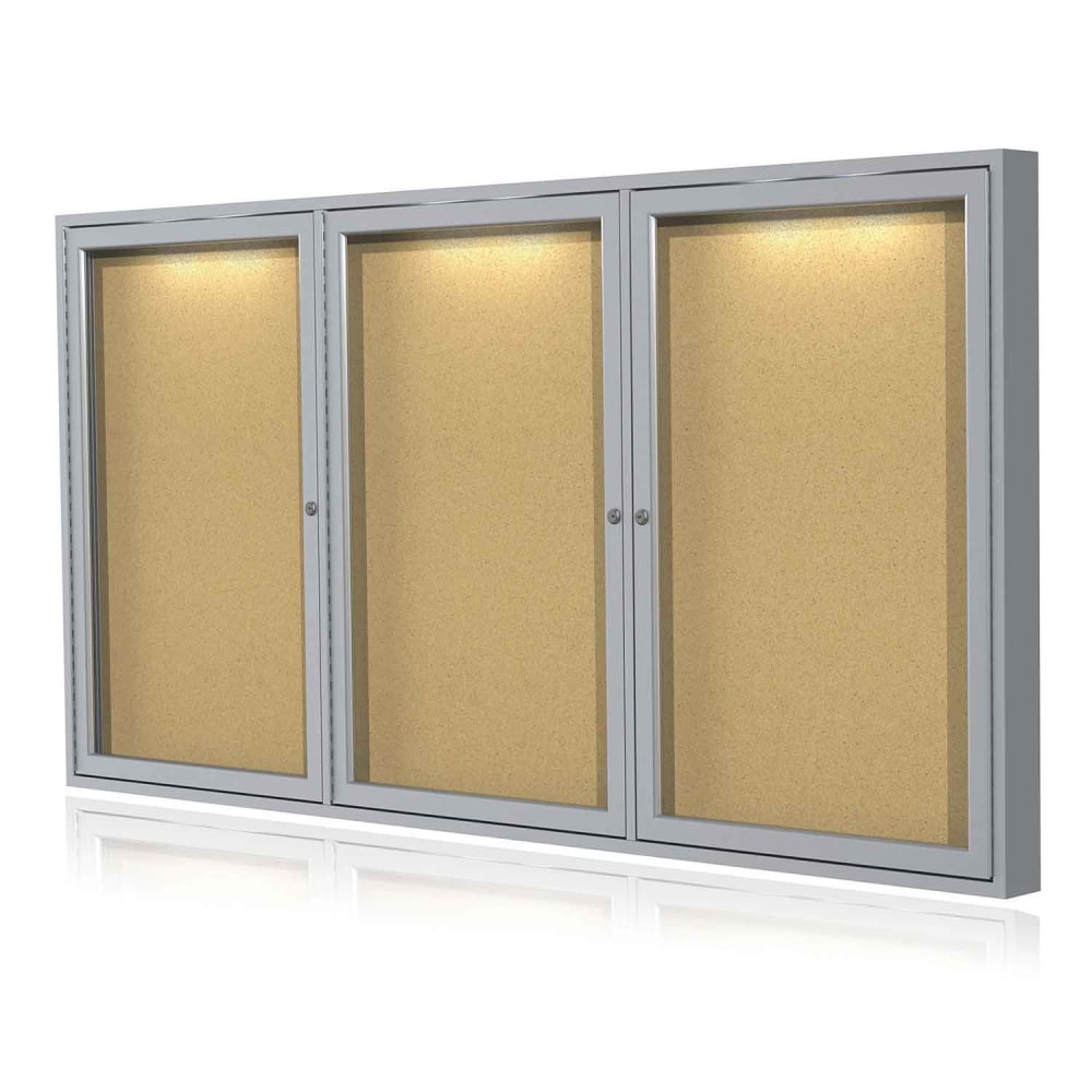 GHENT MANUFACTURING INC. Ghent CPA34896K  3-Door Enclosed Cork Bulletin Board With Concealed Lighting, Natural, 48in x 96in, Satin Aluminum Frame