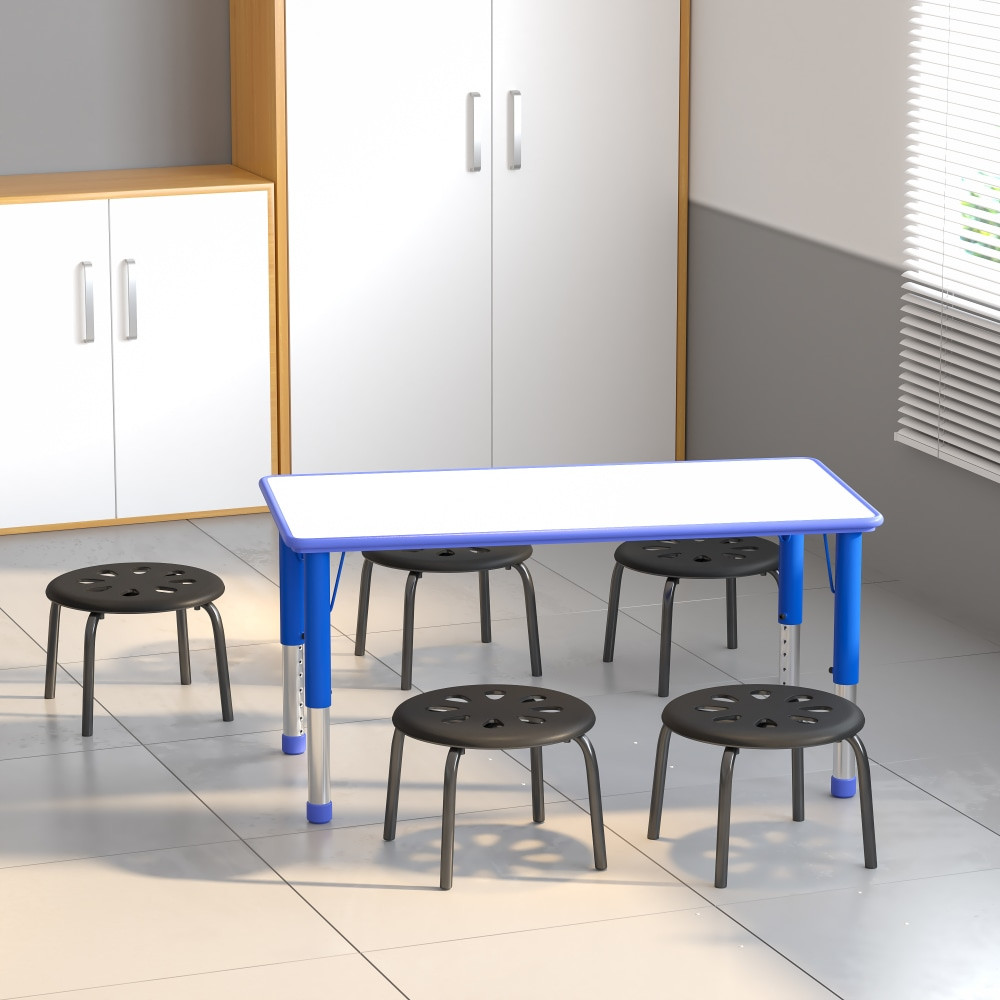 Add these handy Flash Furniture Plastic Nesting Stack Stools to your collection. Its easy for most youngsters to pick up and place these stools at their activity table or desk, and they stack together for compact storage. They work well for classrooms, play dates and sporting events.  Overall Dimensions: 11-1/2inH x 15-1/2inW x 15-1/2inD.  Weight capacity tested to support 198 lb.  Perforated seat allows air to flow and water to drain.  19 gauge steel frame with a powder-coat finish.  Stackable for easy storage.  Non-marring plastic floor caps.  Recommended for preschool to kindergarten ages.  Backed by the manufacturers 3-year limited warranty.