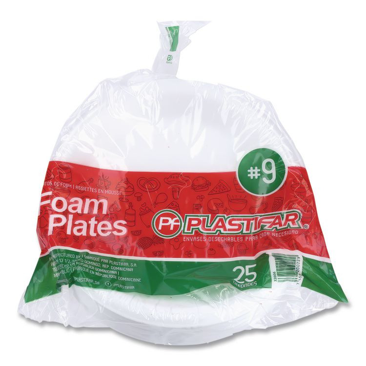 PLASTIFAR SA 12003 Foam Dinnerware, Plate, 9", White, 25/Pack, 20 Packs/Carton