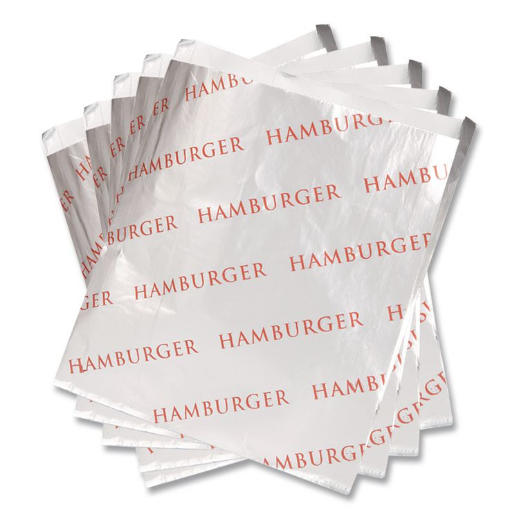 BAGCRAFT 300527 Foil Single-Serve Bags, Hamburger Labeling, 6" x 0.75" x 6.5", Silver/Red, 1,000/Carton