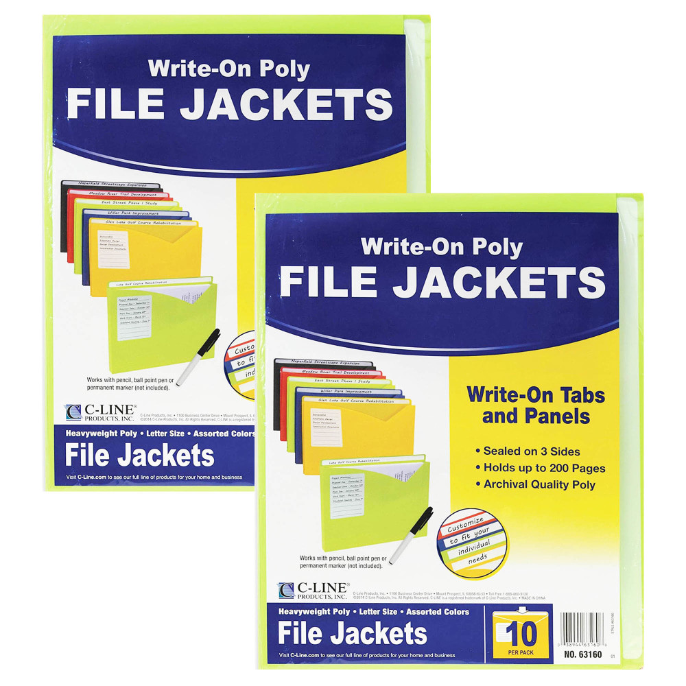 EDUCATORS RESOURCE CLI63160-2 C-Line Write-On Poly File Jackets, 8-1/2in x 11in, Assorted Colors, 10 Jackets Per Pack, Set Of 2 Packs