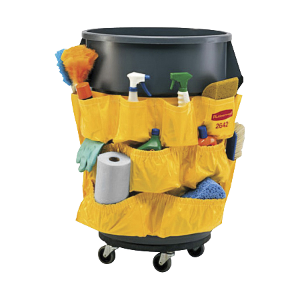 Caddy bag has elasticized pockets to hold cleaning supplies  Includes adjustable buckles and bottom strap.  Fits 32- and 44-gallon containers. Containers and lids are sold separately.