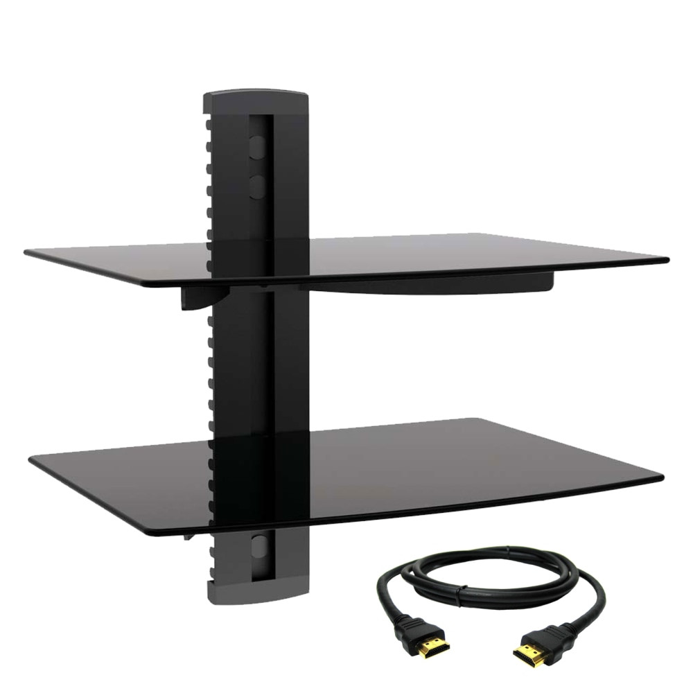 MEGAGOODS, INC. MegaMounts 99593711M  Tempered-Glass Double Shelf Wall Mount With HDMI Cable, 15inH x 14.25inW x 11inD, Black