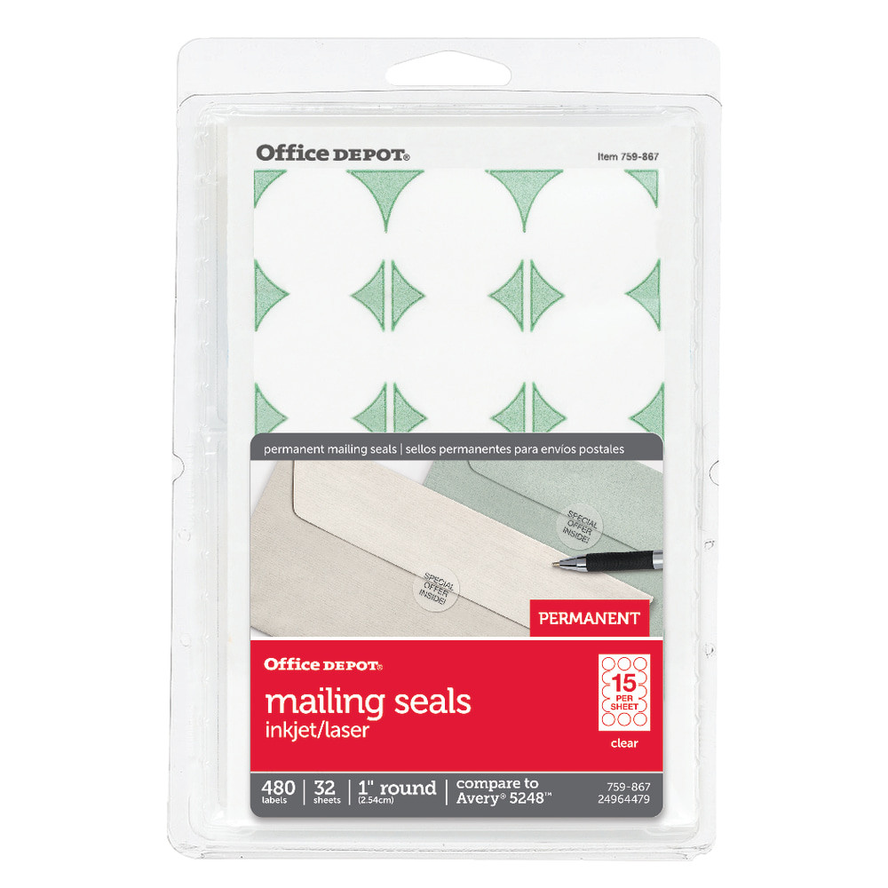 A simple solution for sealing your mailings  Injet/laser printable for you to add your logo or message!  Permanent adhesive ensures seals stick and stay without lifting or curling.  Circular shape for a professional look.  Includes 32 sheets of 15 labels per sheet, for a total of 480 labels.