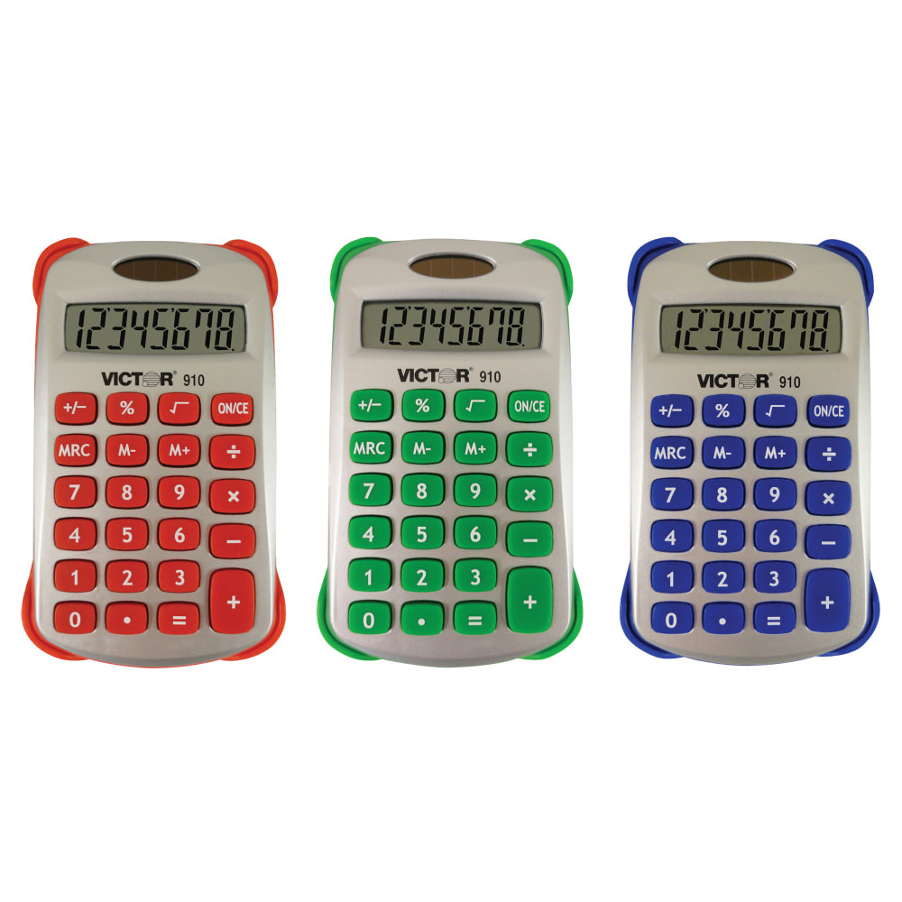 Reach for this Victor calculator to handle a variety of math equations. The handheld calculator is easy to bring with you, and makes a great choice for a school calculator thanks to its 3-key memory, percent keys and other functions.  A compact, uncomplicated design makes these perfect for school and home usage.  Students can start with basic math operations and move up to advanced concepts.  Features a silver housing, uniquely-shaped rubber keys, and soft grip contours.  Functions include 3-key memory and square-root, change-sign and percent keys.  Runs on solar and battery power. Batteries are included.  Comes with 3 calculators in assorted colors for a fun look.