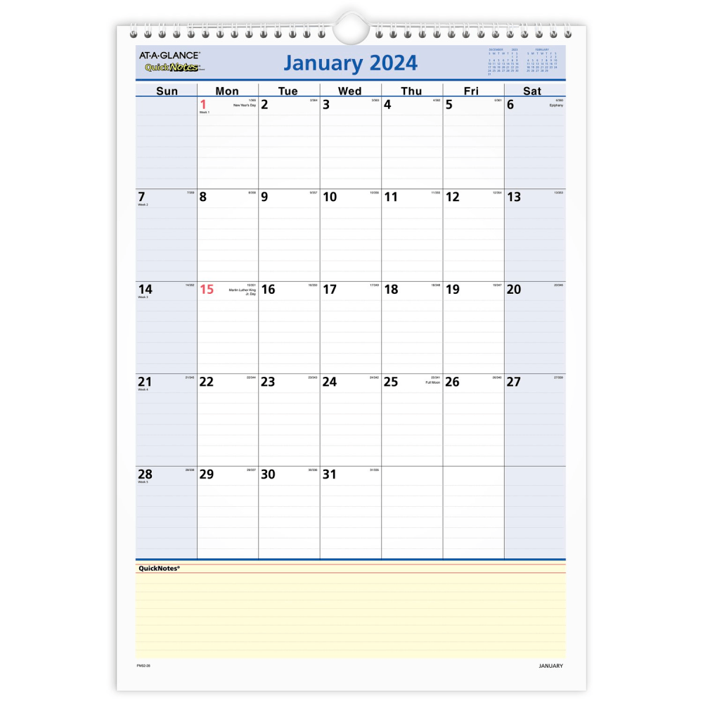 ACCO BRANDS USA, LLC PM522824 2024 AT-A-GLANCE QuickNotes Monthly Wall Calendar, 12in x 17in, January To December 2024, PM5228