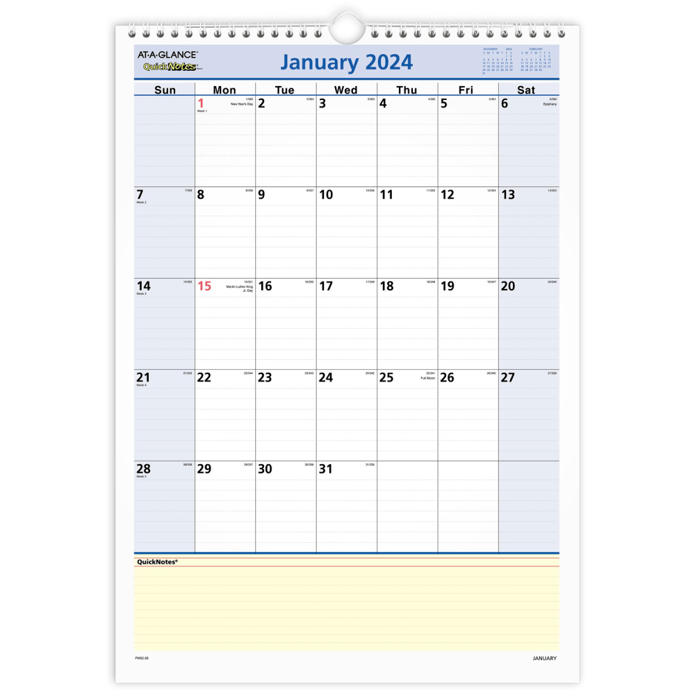 ACCO BRANDS USA, LLC AT-A-GLANCE PM522824 2024 AT-A-GLANCE QuickNotes Monthly Wall Calendar, 12in x 17in, January To December 2024, PM5228