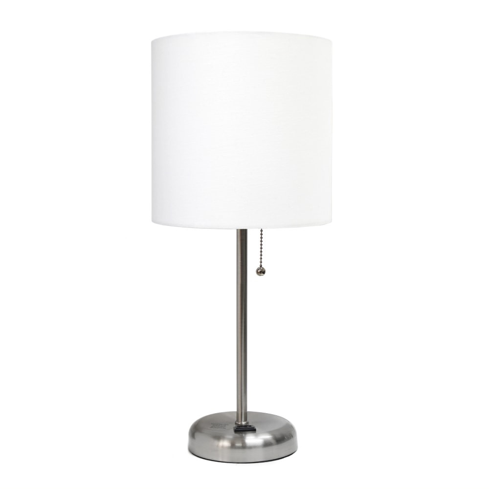 ALL THE RAGES INC CWT-2009-WH Creekwood Home Oslo Power Outlet Metal Table Lamp, 19-1/2inH, White Shade/Brushed Steel Base