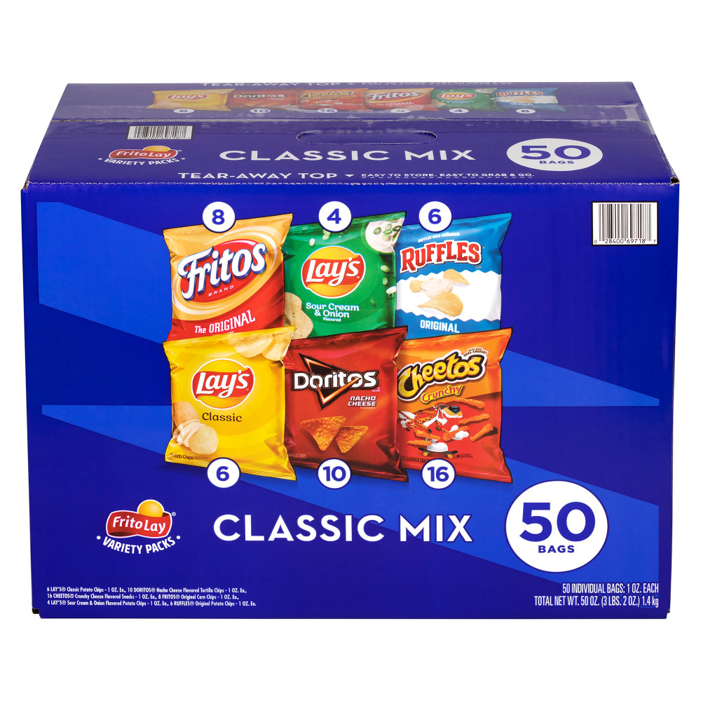 Enjoy an assortment of your favorite Frito-Lay snacks. This Frito-Lay classic variety pack contains a mix of 5 different delicious treats.  Frito-Lay classic mix contains a 50 count of bags in 5 different flavors. Includes cheesy Cheetos, Lays classic potato chips, Fritos corn chips, nacho cheese Doritos and Lays sour cream and onion chips.  Great for bringing to barbecues and picnics.
