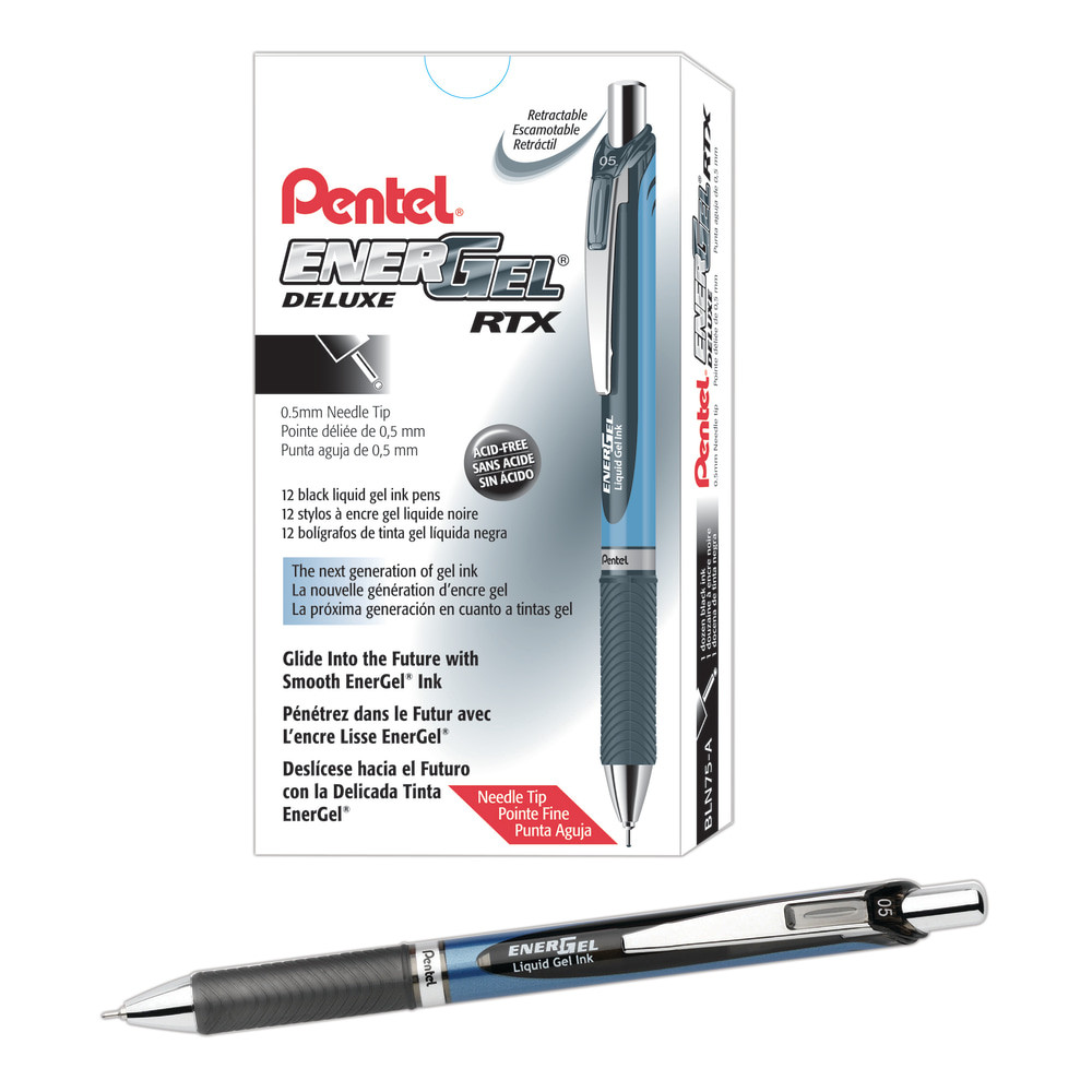 An environmentally conscious pen made from recycled plastic, EnerGel Deluxe RTX pens help you keep track of important details at home or at work. Pentel EnerGel pens can be refilled, so you can keep your favorite pen for years.  High-performance gel ink delivers smooth, clean marks.  Retractable tip allows easy, 1-handed operation.  Barrel features a sleek design with a latex-free grip for comfort.  Refillable for sustained use.  Quick drying to help prevent the occurrence of smears and smudges.  Fine-point pens with black ink in a pack of 12 help stock your area.  Eco-conscious choice - has one or more meaningful eco-attributes or eco-labels.  Recycled content - Product contains 54% total recycled content, helping you save resources and reduce waste.  Refillable - designed to be used repeatedly, helping you avoid single-use disposables and potentially save money.  Contains Recycled Content - See Specs for Details.