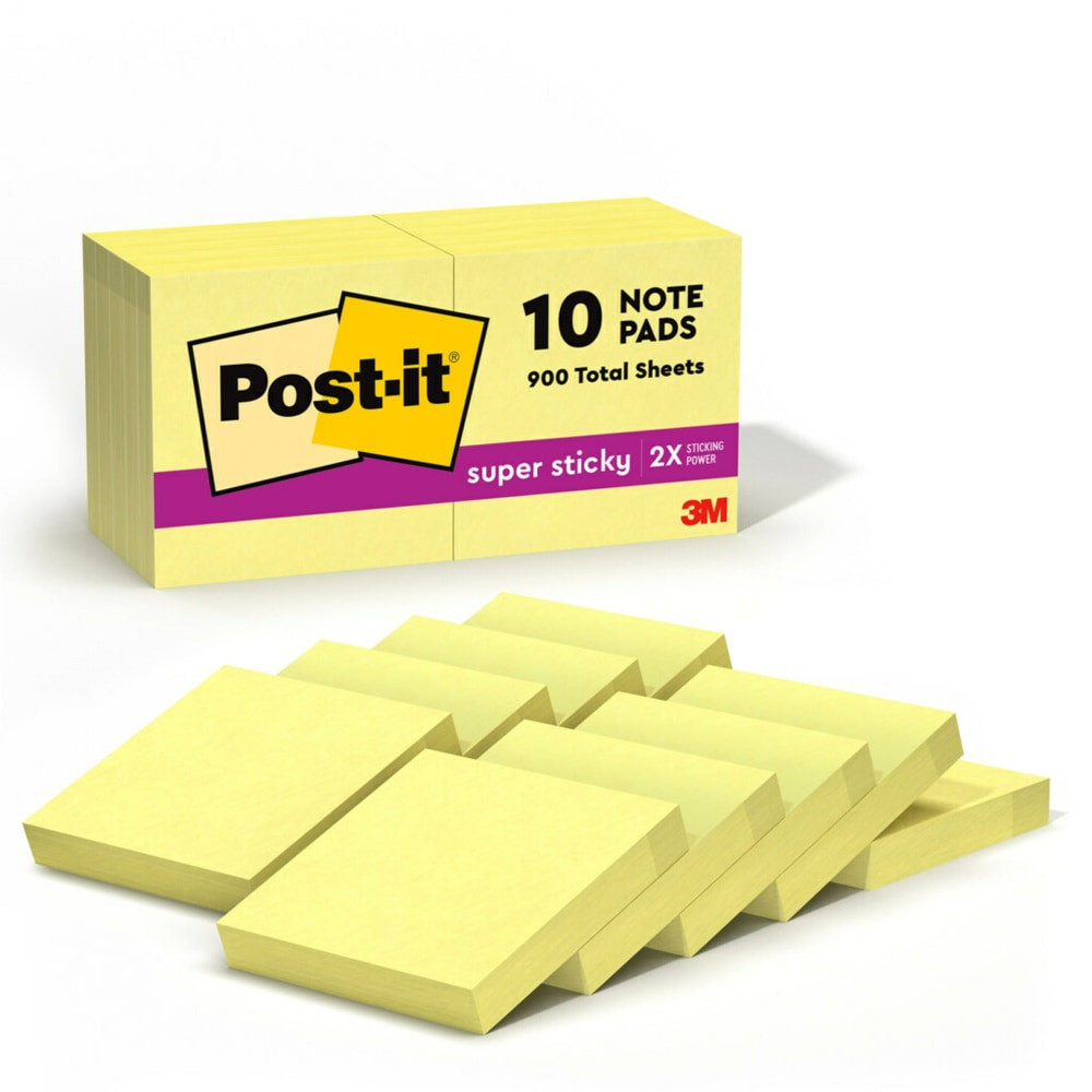 3M CO 62210SSCY Post-it Super Sticky Notes, 10 Pads, 1 7/8 in x 1 7/8 in, 2x the Sticking Power, School Supplies and Office Products, Sticky Notes for Vertical Surfaces, Monitors, Walls and Windows, Canary Yellow
