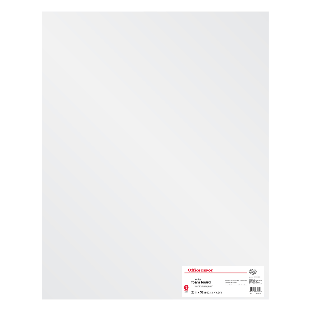 Office Depot Brand Foam Boards are ideal for creating displays, mounting posters, making architectural models, and for craft projects. Easy to cut into custom shapes or sizes, foam board can be written on or decorated with most markers and acrylic paints, even spray paints. Use adhesive sprays and glue sticks to affix photos, paper, and embellishments for displays and signs and avoid using water-based glues, which may cause the surface paper to buckle or shrink.  Polystyrene extruded foam, laminated between two sheets of matte paper  Smooth surface that is perfect for markers, glues, embellishments, acrylic and spray paints  Double sided, lightweight yet sturdy board  Suitable for screen printing, framing, mounting, exhibits, prototypes, displays and models  Can easily be cut to size or shapes with an art knife