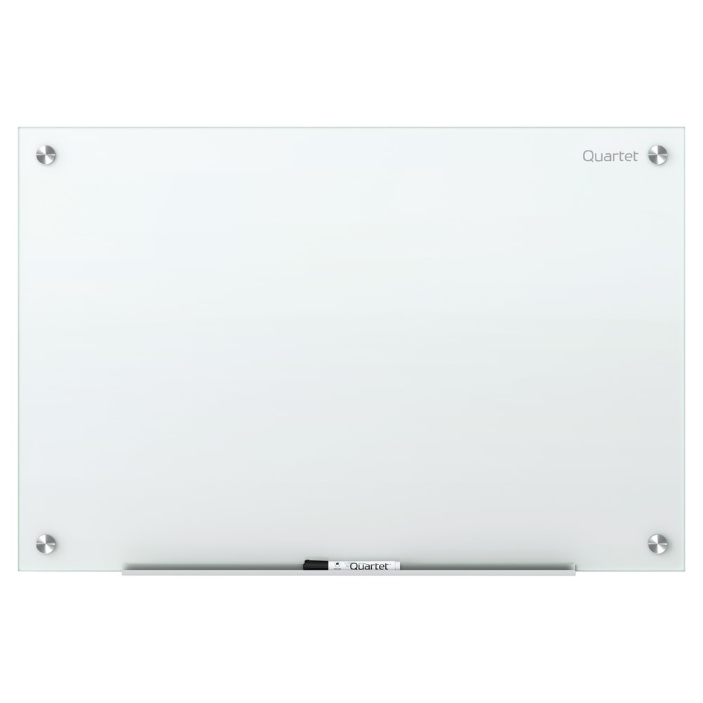 This dry-erase board is frameless and features a nonabsorbent glass surface  Tempered glass surface is designed to resist stains, ghosting, scratches and dents.  Frameless design blends easily with most decor.  Nonabsorbent surface wipes clean with ease.  Includes pass-through mounting hardware for easy horizontal or vertical installation.  Comes with marker tray and a Quartet dry-erase marker so you can get to work right away.  Backed by the manufacturers 15-year warranty.