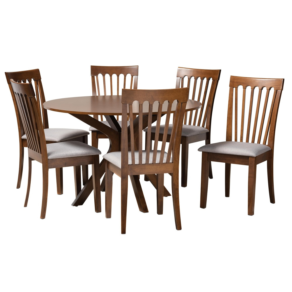 WHOLESALE INTERIORS, INC. 2721-10546-10893 Baxton Studio Lore 7-Piece Dining Set, 29-15/16inH x 47-1/4inW x 47-1/4inD, Gray/Walnut