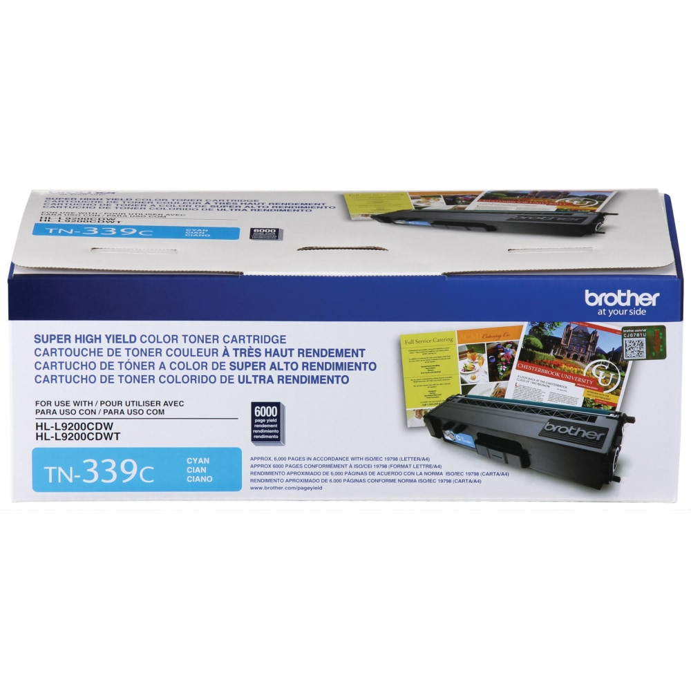 Compatible Brother models: HL : HL-L9200CDWT.   MFC : MFC-L9550CDW.  .  Intelligently engineered to work in seamless unison with your Brother printer. Brother Genuine toner produces rich, vibrant prints that withstand the test of time.  Brother Genuine TN339C Super High Yield Cyan Toner Cartridge.  Professional color laser print quality you can consistently rely on for 6,000 pages.  Brother offers an environmentally responsible way for customers to dispose of Brother Genuine cartridges.  Yields up to 3,500 pages. Delivers high quality performance for printing photos, documents and graphics.  This cartridge produces a richer, deeper color for all of your printing needs.  Helps Avoid Waste - Designed for extended use, helping reduce or eliminate material use and potentially save money.  Recycling solution - designed to encourage recycling, helping you divert materials from landfill.