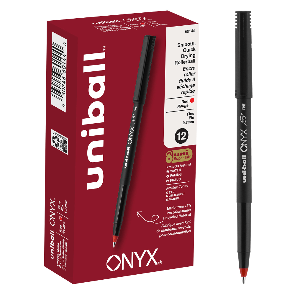 Fine point rollerball pens create clear and crisp letters, numbers and graphics  Fine point rollerball pens with uni Super Ink are fade and fraud resistant, making them a great choice for everyday writing and creative projects.  Quick-drying roller ink helps you write without worrying about smudges or smears.  Convenient pocket clip ensures that your favorite fine point pens are always at hand.  0.7 mm fine point.  Comes in a pack of 12 red pens.  Contains Recycled Content - See Specs for Details.