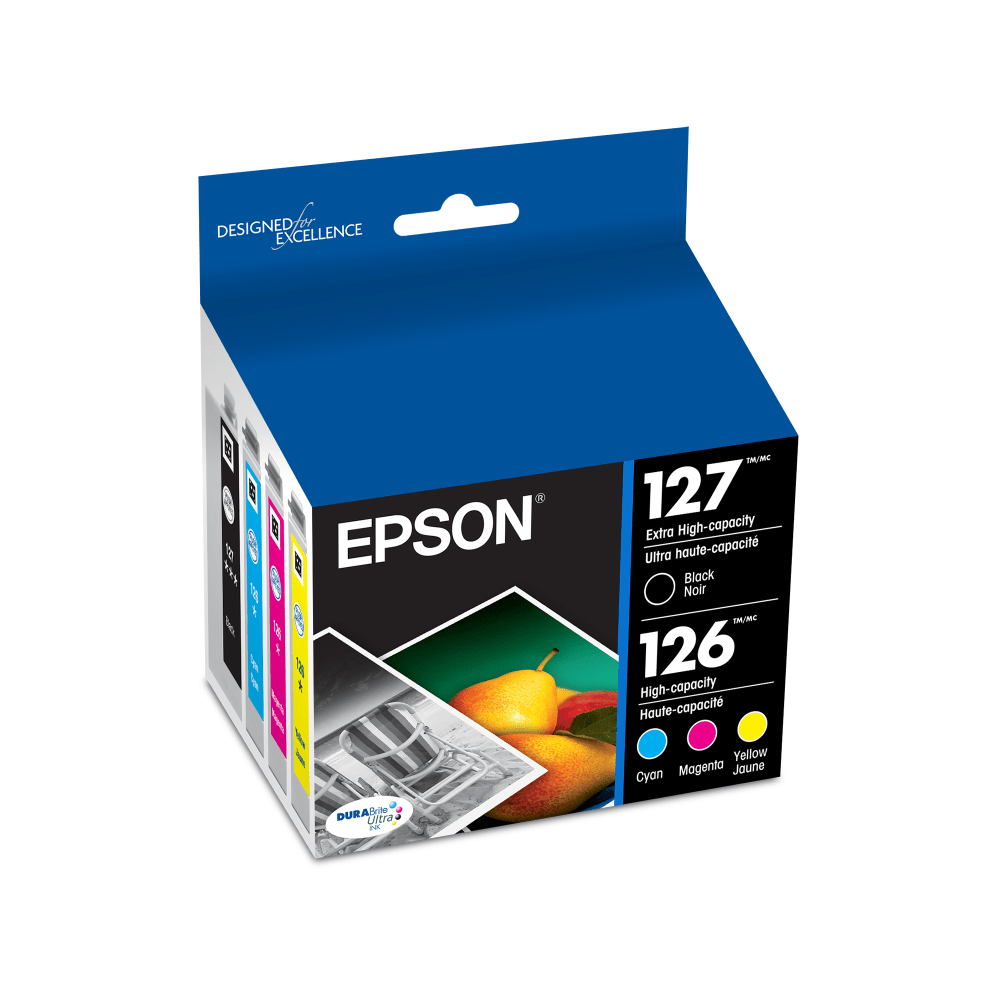 Compatible Epson models: WorkForce:  60,  545,  630,  633,  635,  645,  840,  845,  WF-3520,  WF-3540,  WF-7010,  WF-7510,  WF-7520.  .  127 Ink  Better quality than the lab  Worry-free handling - smudge, fade and water resistant prints  Convenient individual ink cartridges  Pack has 4 ink cartridges. Includes black, cyan, magenta and yellow inks.  DuraBrite Ultra inks offer high-quality images. Inks do not bleed through - great for double-sided printing. Produces smudge-, scratch-, water- and fade-resistant photos.  Helps Avoid Waste - Designed for extended use, helping reduce or eliminate material use and potentially save money.  Recycling solution - designed to encourage recycling, helping you divert materials from landfill.