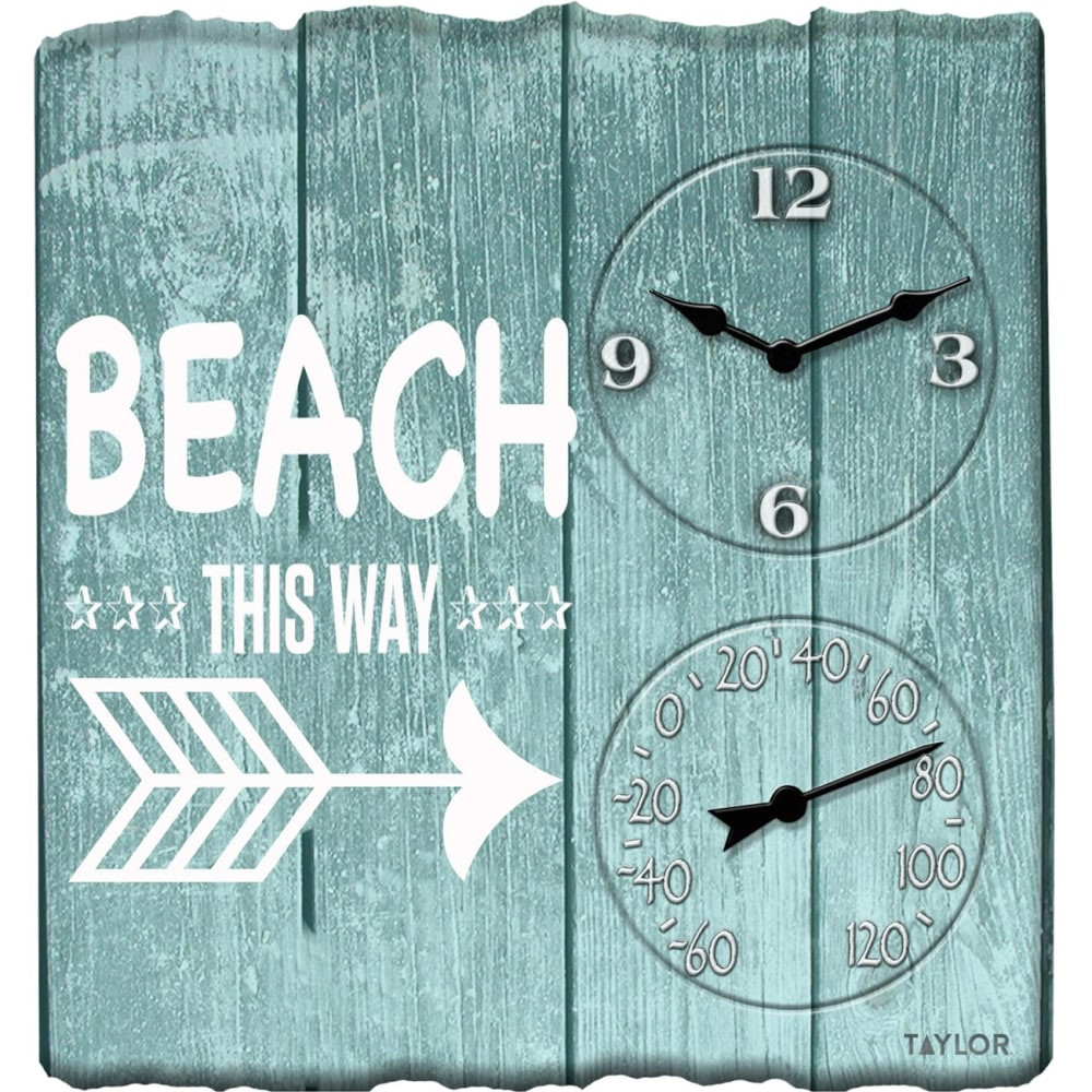 LIFETIME BRANDS INC. Taylor 92685T  92685T 14-Inch x 14-Inch Beach This Way Clock with Thermometer - Analog - Quartz - CaseThermometer
